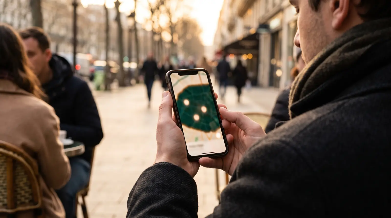 Personne en terrasse cherchant un commerce proche sur la carte Google de son téléphone