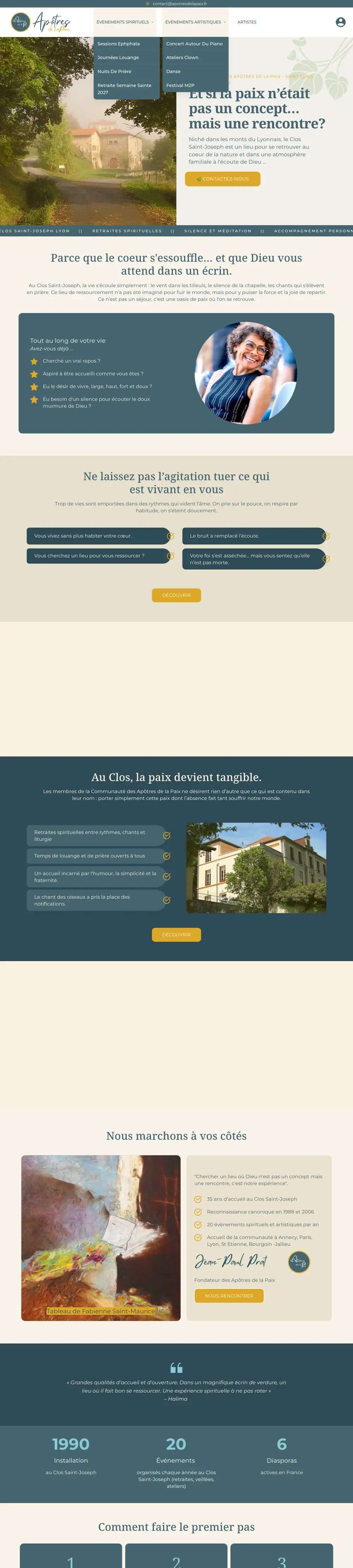 Apôtres de la Paix — site internet créé par Monsieur Click Site internet de Apôtres de la Paix (Retraites spirituelles, Rhône) créé par Monsieur Click, page d’accueil