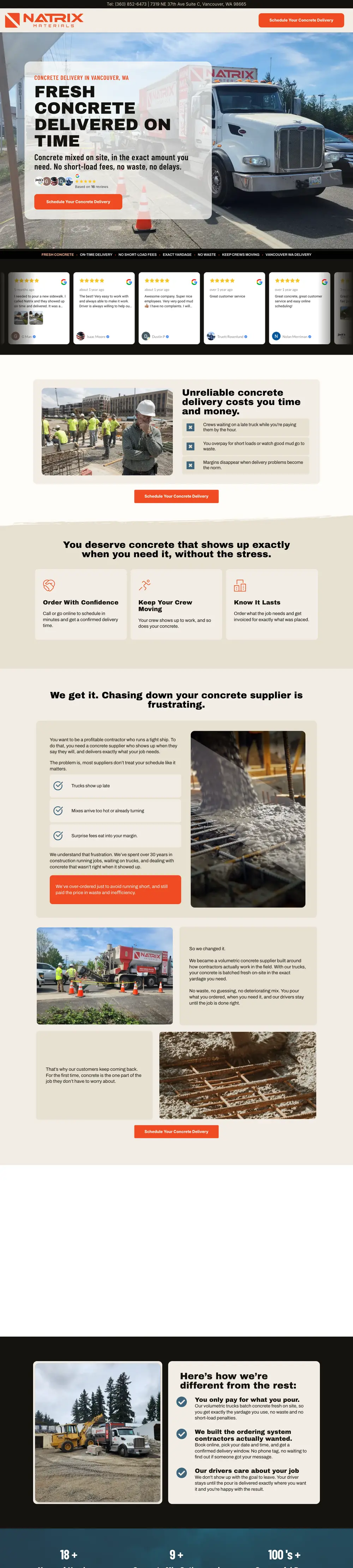 Natrix Materials — site internet créé par Monsieur Click Site internet de Natrix Materials (Livraison de béton, Vancouver, États-Unis) créé par Monsieur Click, page d’accueil
