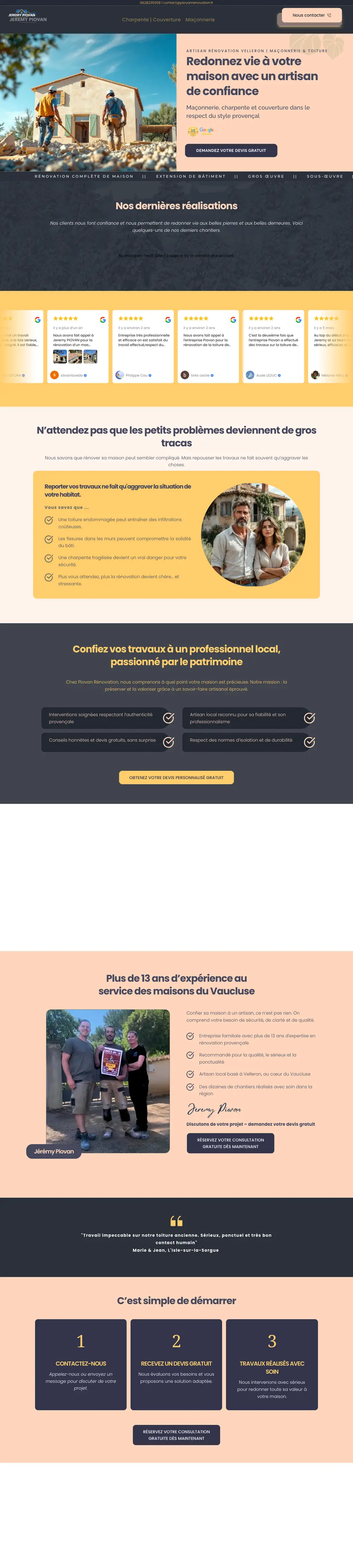 Piovan Rénovation — site internet créé par Monsieur Click Site internet de Piovan Rénovation (Maçonnerie et toiture, Vaucluse) créé par Monsieur Click, page d’accueil