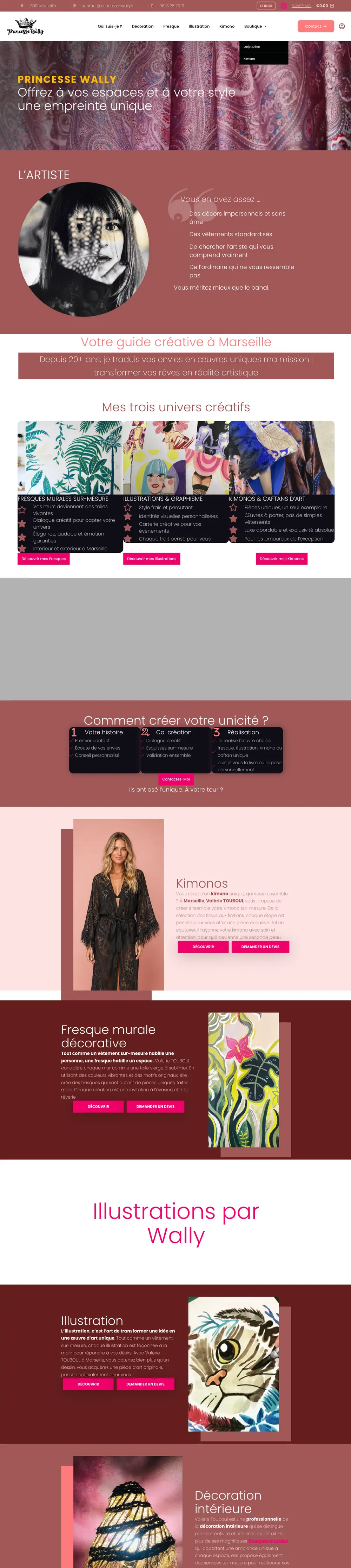 Princesse Wally — site internet créé par Monsieur Click Site internet de Princesse Wally (Fresques, illustration et kimonos, Marseille) créé par Monsieur Click, page d’accueil