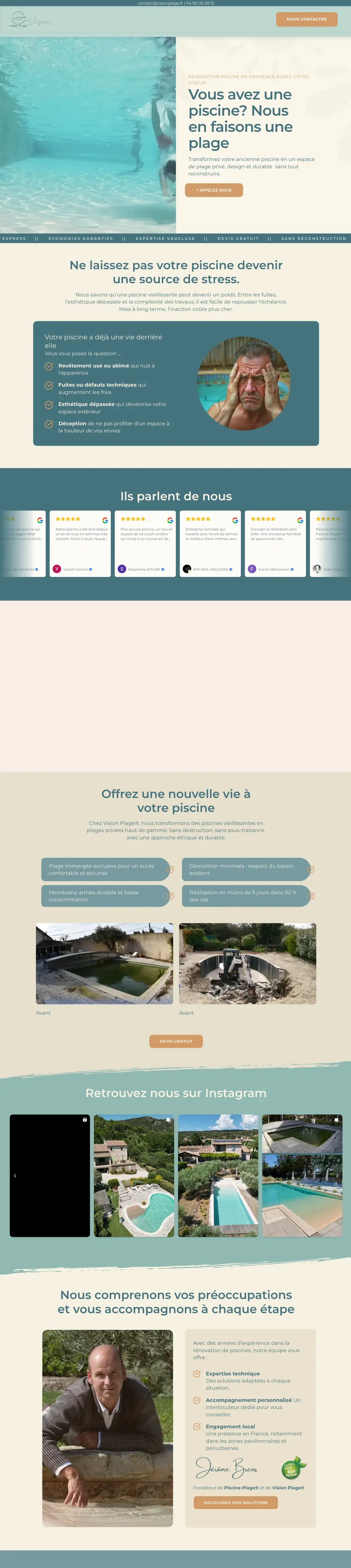 Vision Plage — site internet créé par Monsieur Click Site internet de Vision Plage (Rénovation de piscines, Provence) créé par Monsieur Click, page d’accueil