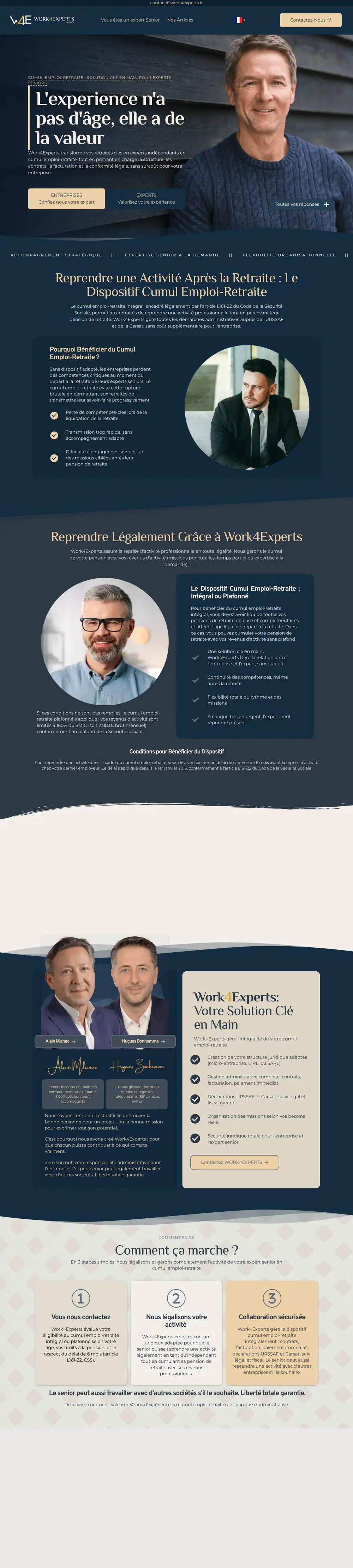 Work4Experts — site internet créé par Monsieur Click Site internet de Work4Experts (Cumul emploi-retraite des experts seniors, Paris) créé par Monsieur Click, page d’accueil